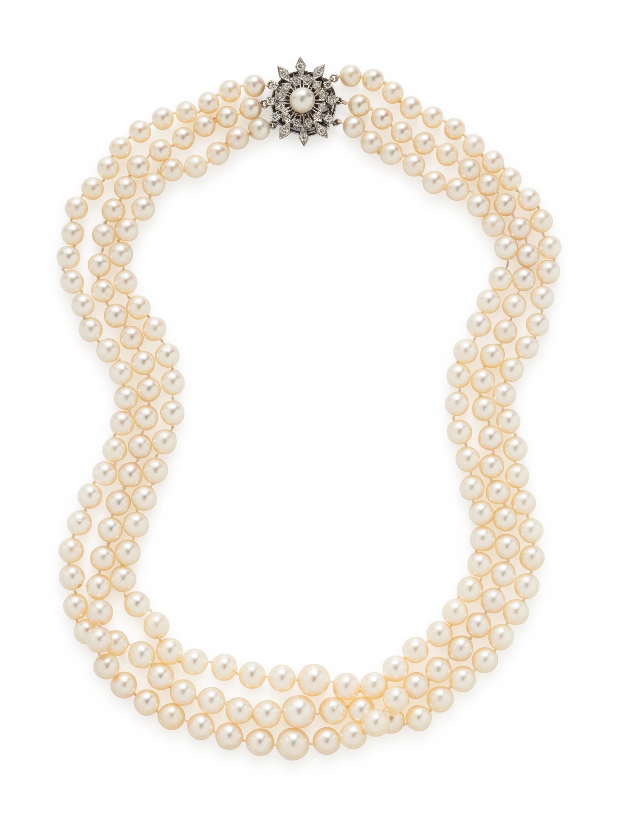 TRIPLE STRAND CULTURED PEARL AND DIAMOND NECKLACE