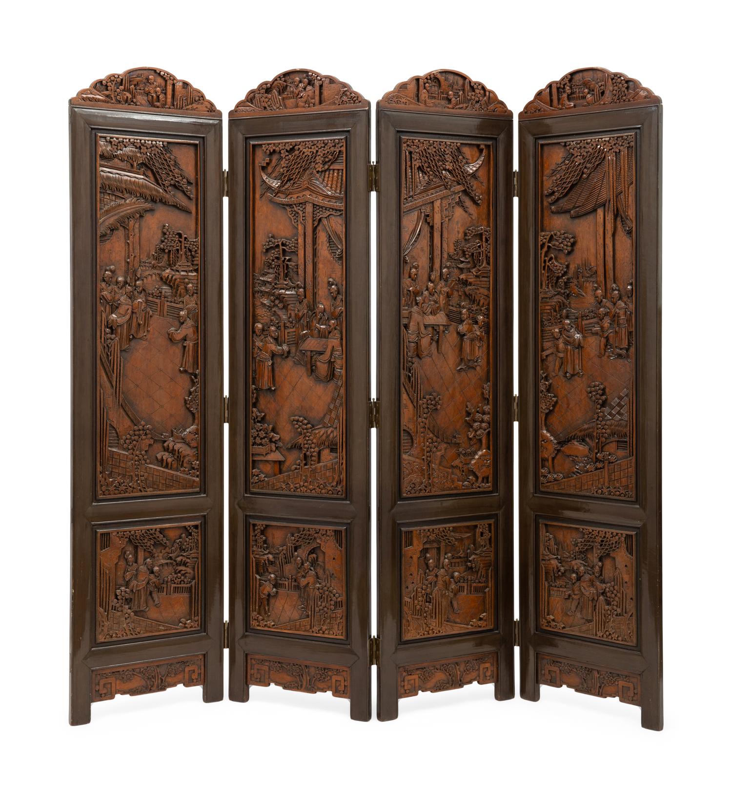 A Chinese Export Carved Hardwood and Painted Four-Panel Floor Screen