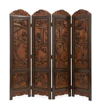 A Chinese Export Carved Hardwood and Painted Four-Panel Floor Screen