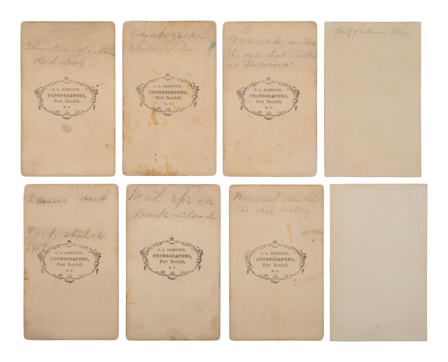 HAMILTON, C.L., photographer. A group of 8 CDVs of Sioux subjects. Fort Randall, Dakota Territory, ca 1860s-1870s.