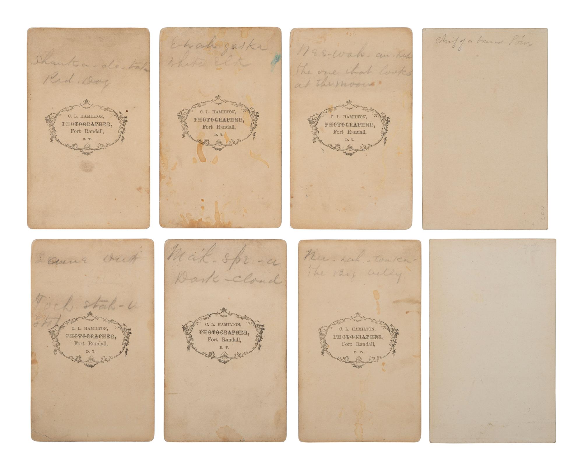 HAMILTON, C.L., photographer. A group of 8 CDVs of Sioux subjects. Fort Randall, Dakota Territory, ca 1860s-1870s.