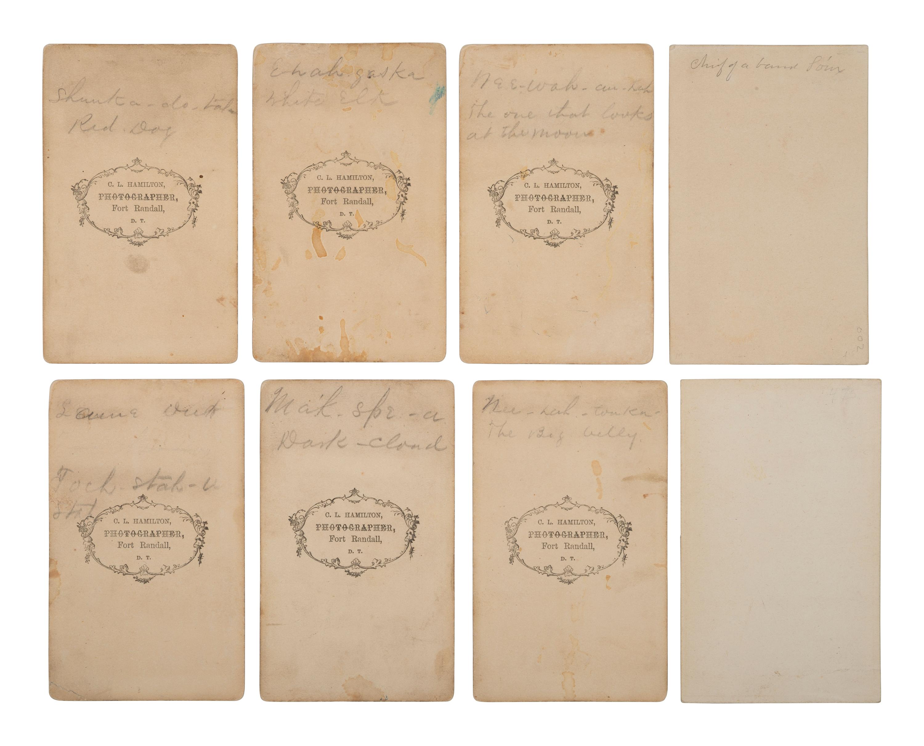 HAMILTON, C.L., photographer. A group of 8 CDVs of Sioux subjects. Fort Randall, Dakota Territory, ca 1860s-1870s.