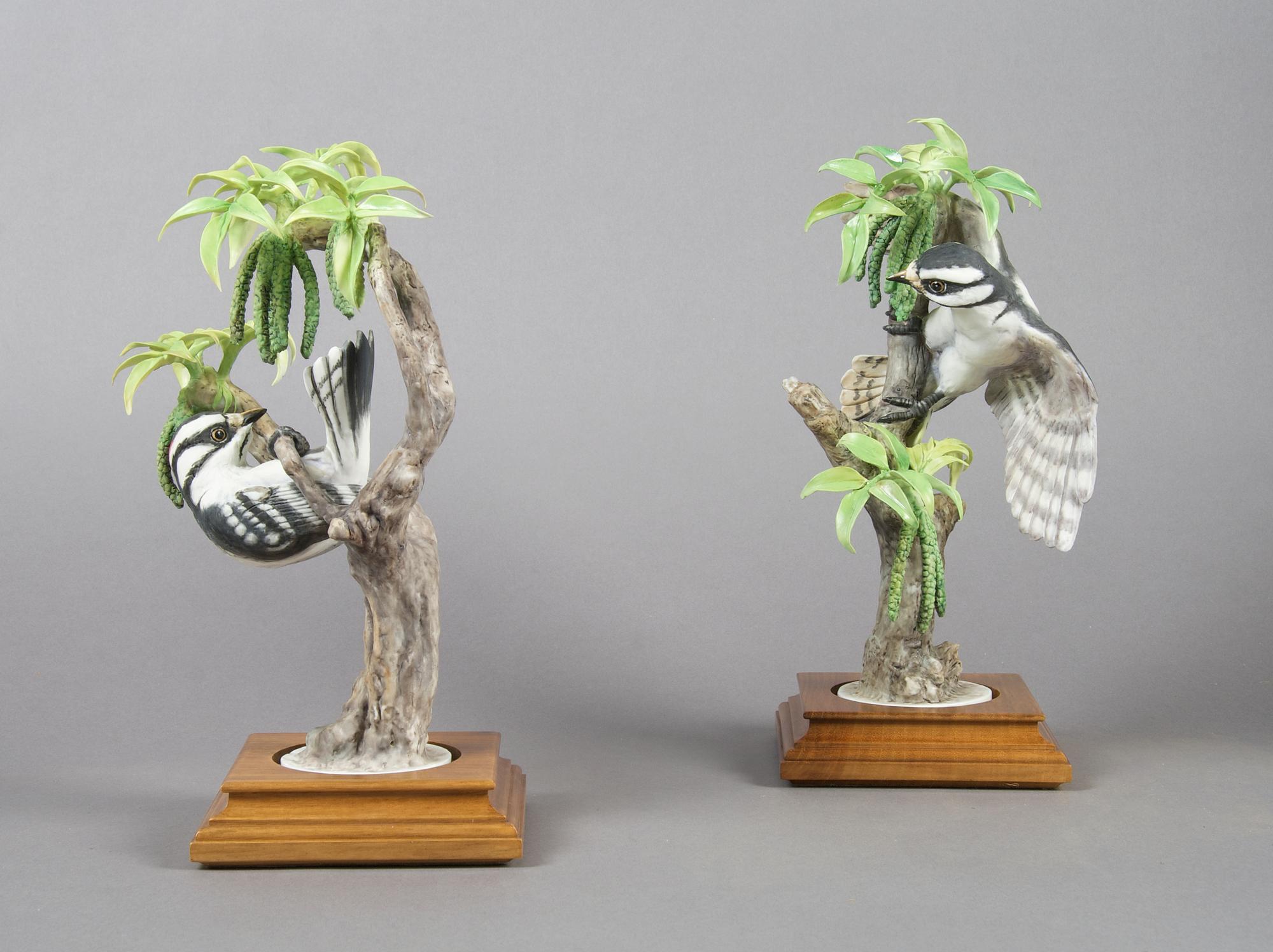 A Pair of Royal Worcester Dorothy Doughty Birds, Downy Woodpecker, Height 11 inches.