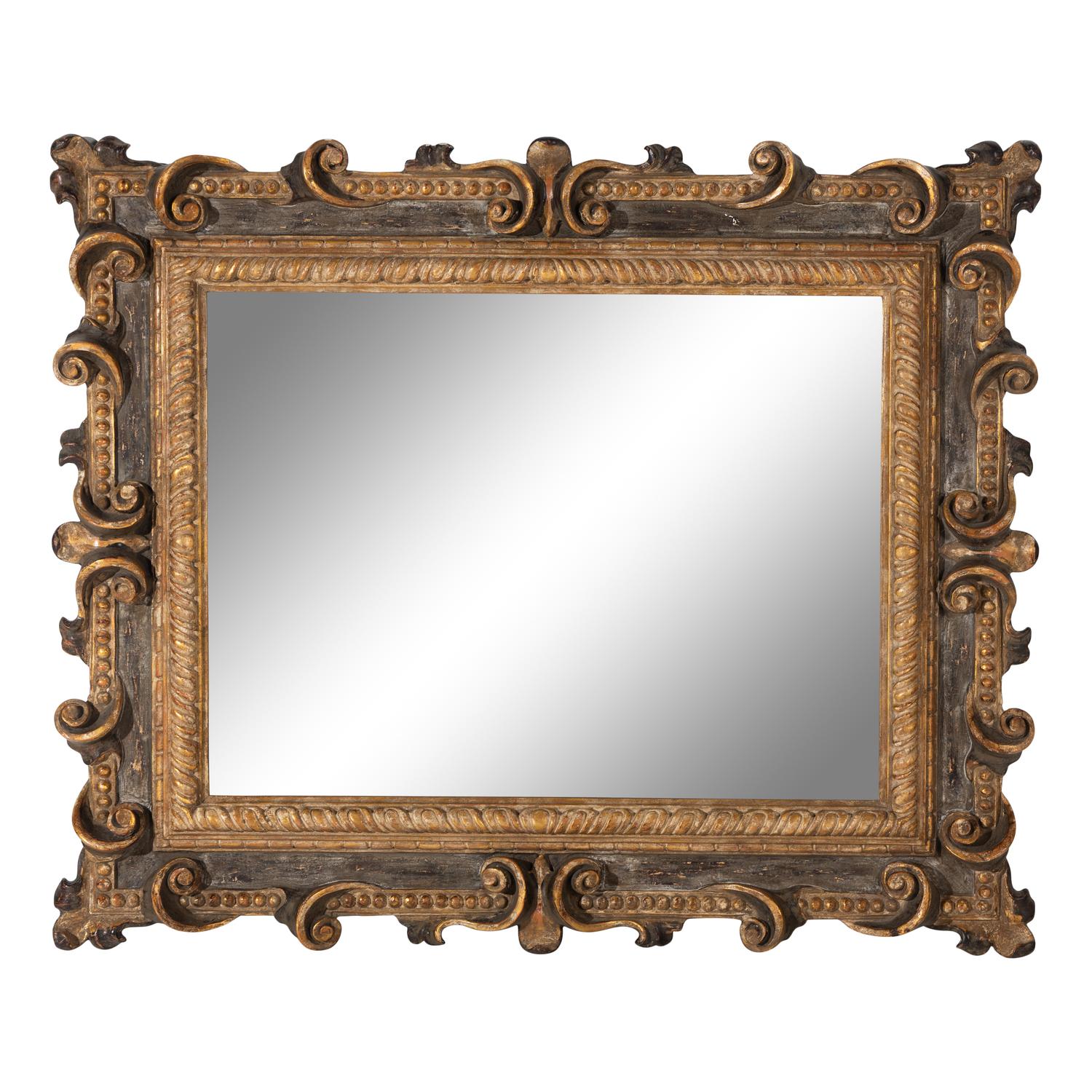 An Italian Baroque Style Parcel Gilt and Paint Decorated Mirror