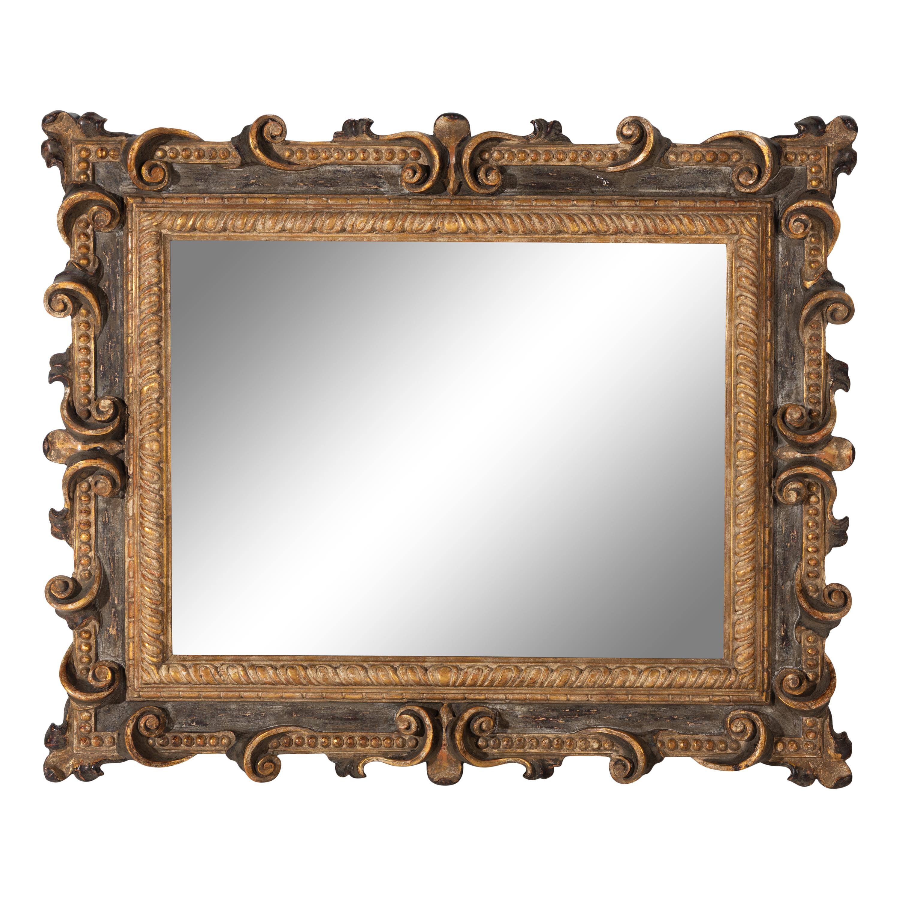 An Italian Baroque Style Parcel Gilt and Paint Decorated Mirror