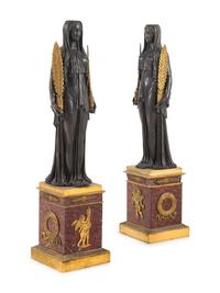 A Pair of Large Empire Style Gilt and Patinated Bronze and Marble Figural Candelabra Bases