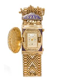 A 14 Karat Yellow Gold, Diamond, Cultured Pearl and Enamel Belt Bracelet Surprise Wristwatch, 42.30 dwts.