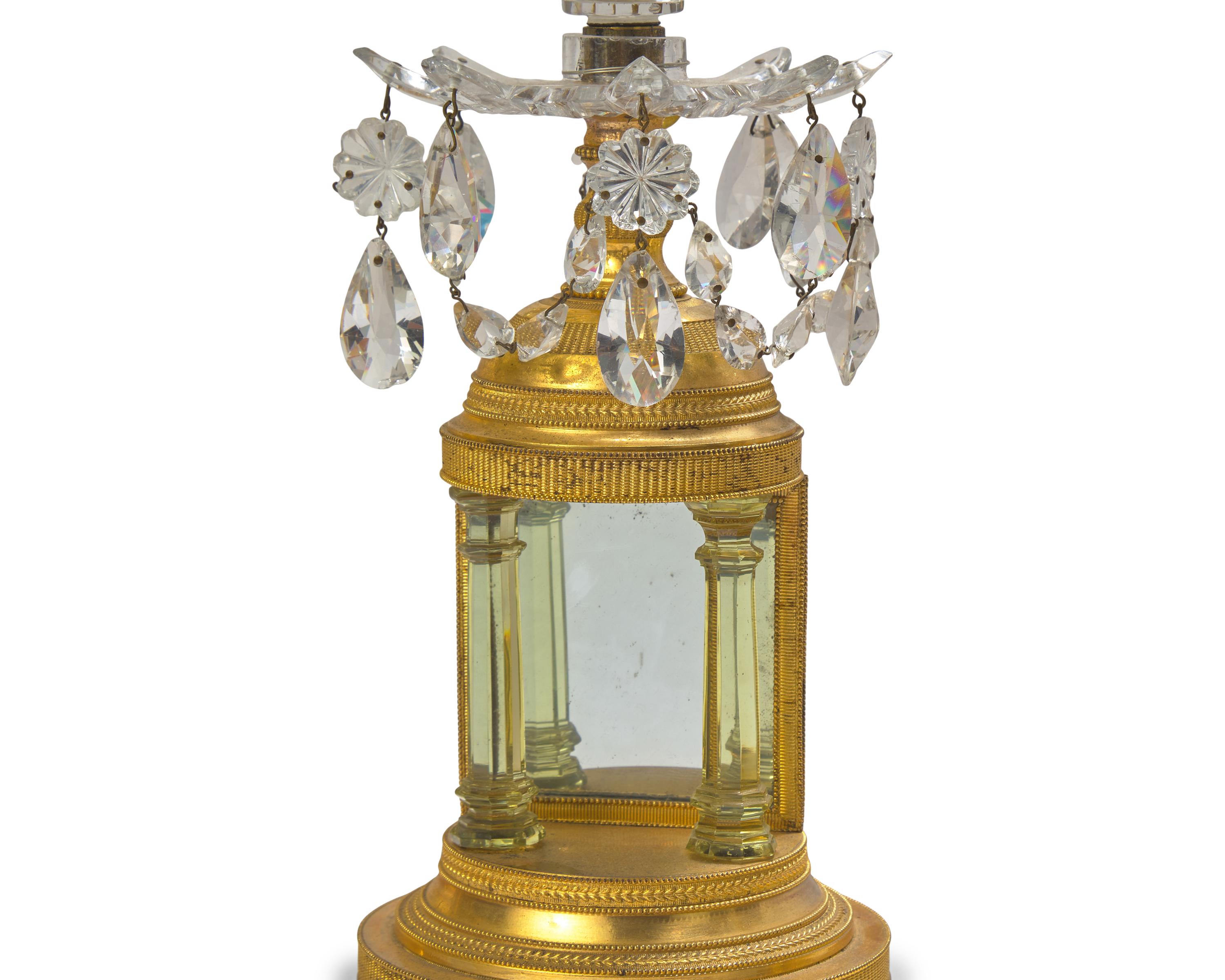 Two Pairs of George III Gilt Bronze and Cut-Glass Candlesticks
