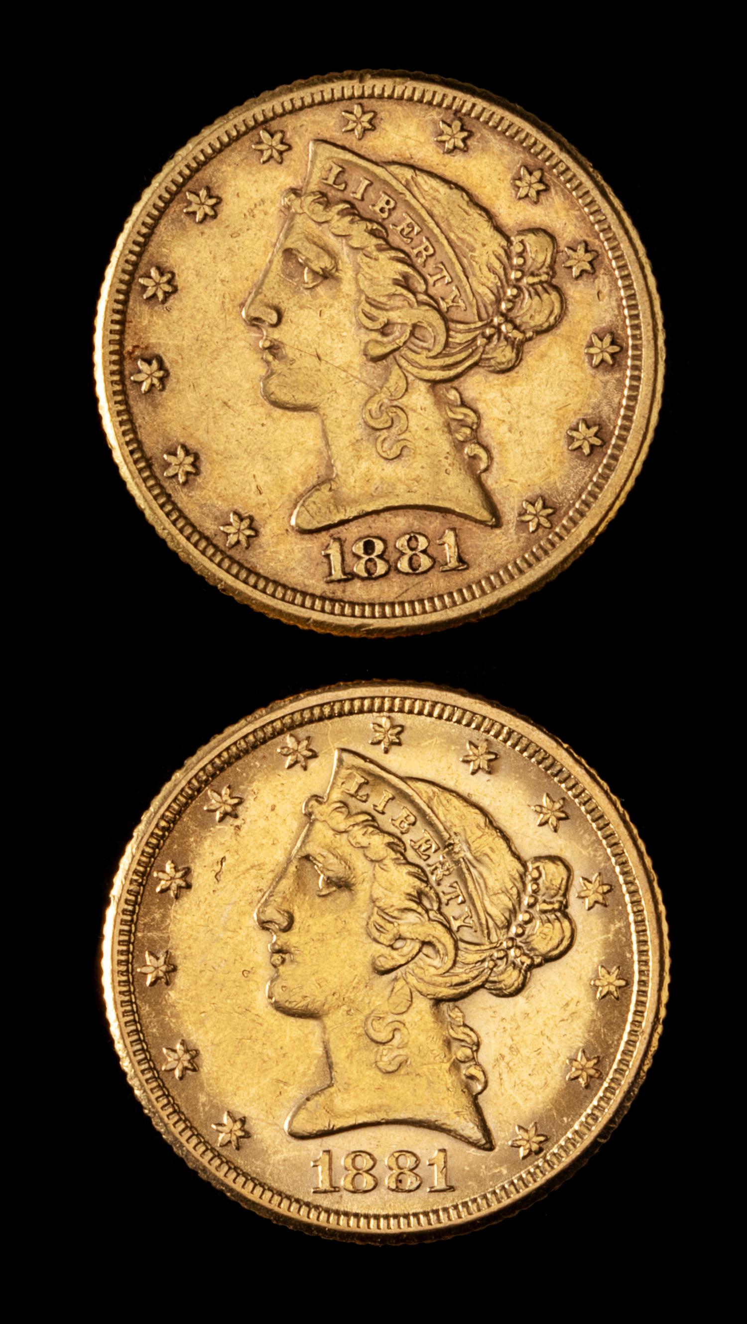 Two United States 1881 Liberty Head $5 Gold Coins