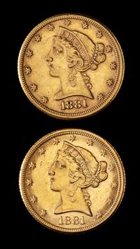 Two United States 1881 Liberty Head $5 Gold Coins