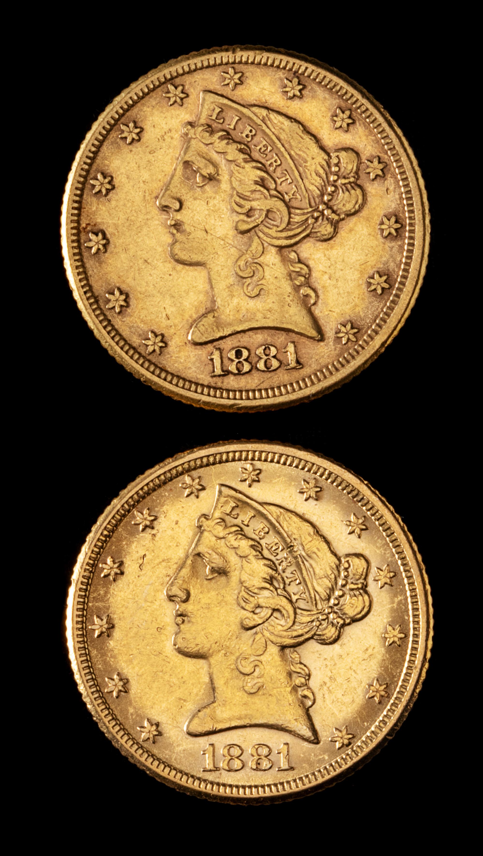 Two United States 1881 Liberty Head $5 Gold Coins