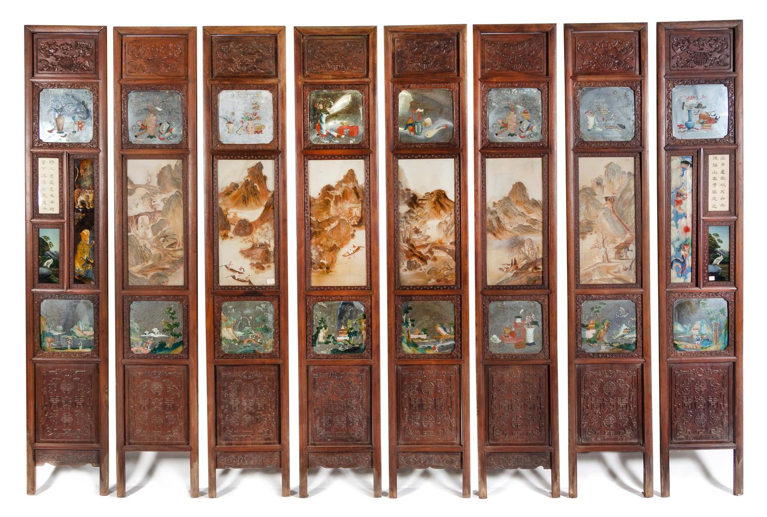 A Porcelain and Glass Inset Hardwood Eight-Panel Floor Screen Height 91 x width 15 3/4 (each panel). — LATE QING DYNASTY