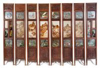 A Porcelain and Glass Inset Hardwood Eight-Panel Floor Screen Height 91 x width 15 3/4 (each panel). — LATE QING DYNASTY