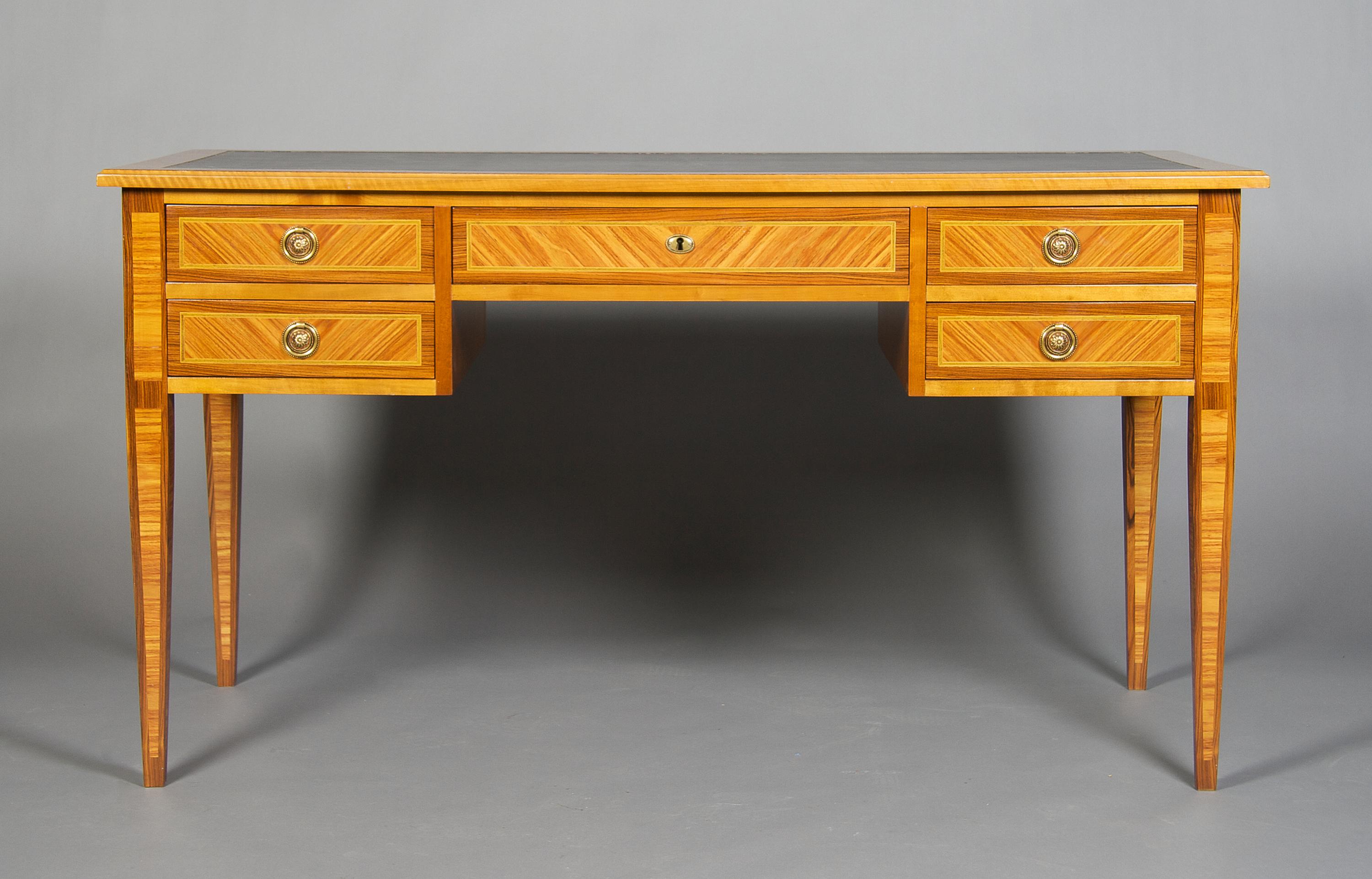 A Louis XVI Style Parquetry Bureau Plat, Louis Mittman, Height 20 x width 55 x depth 27 1/2 inches.