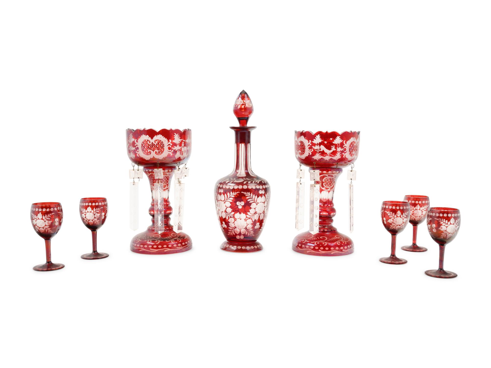 A Group of Cranberry Cut-to-Clear Glass Articles