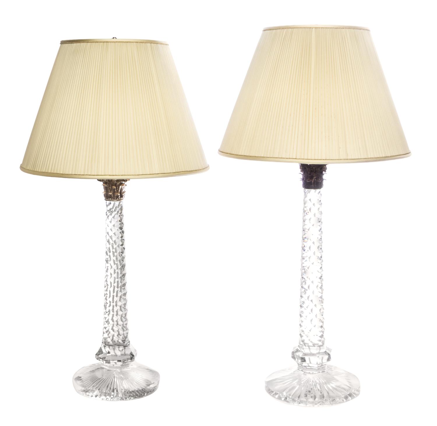 A Near Pair of Baccarat Cut Glass and Silvered Metal Mounted Lamps