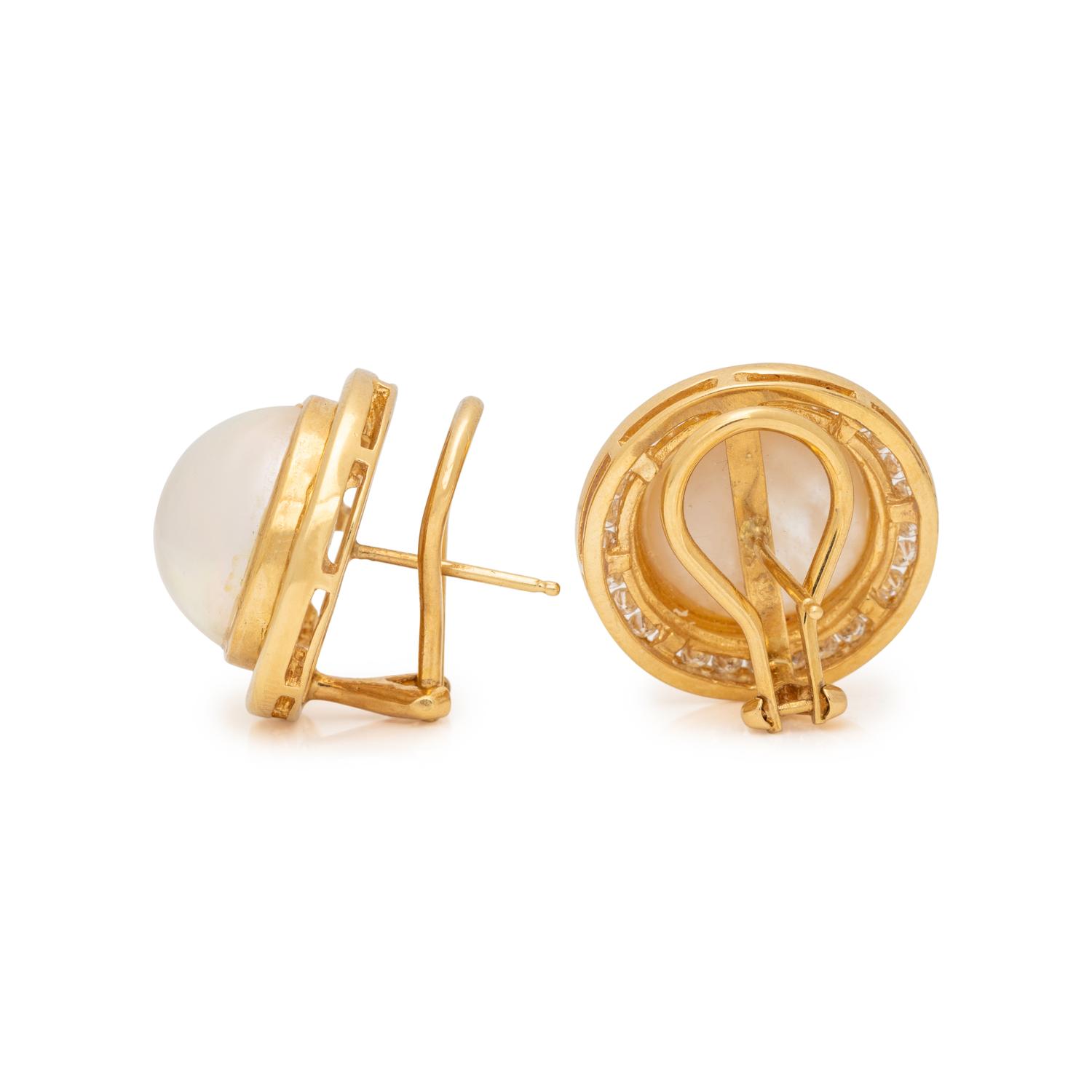 MABE CULTURED PEARL AND DIAMOND EARCLIPS