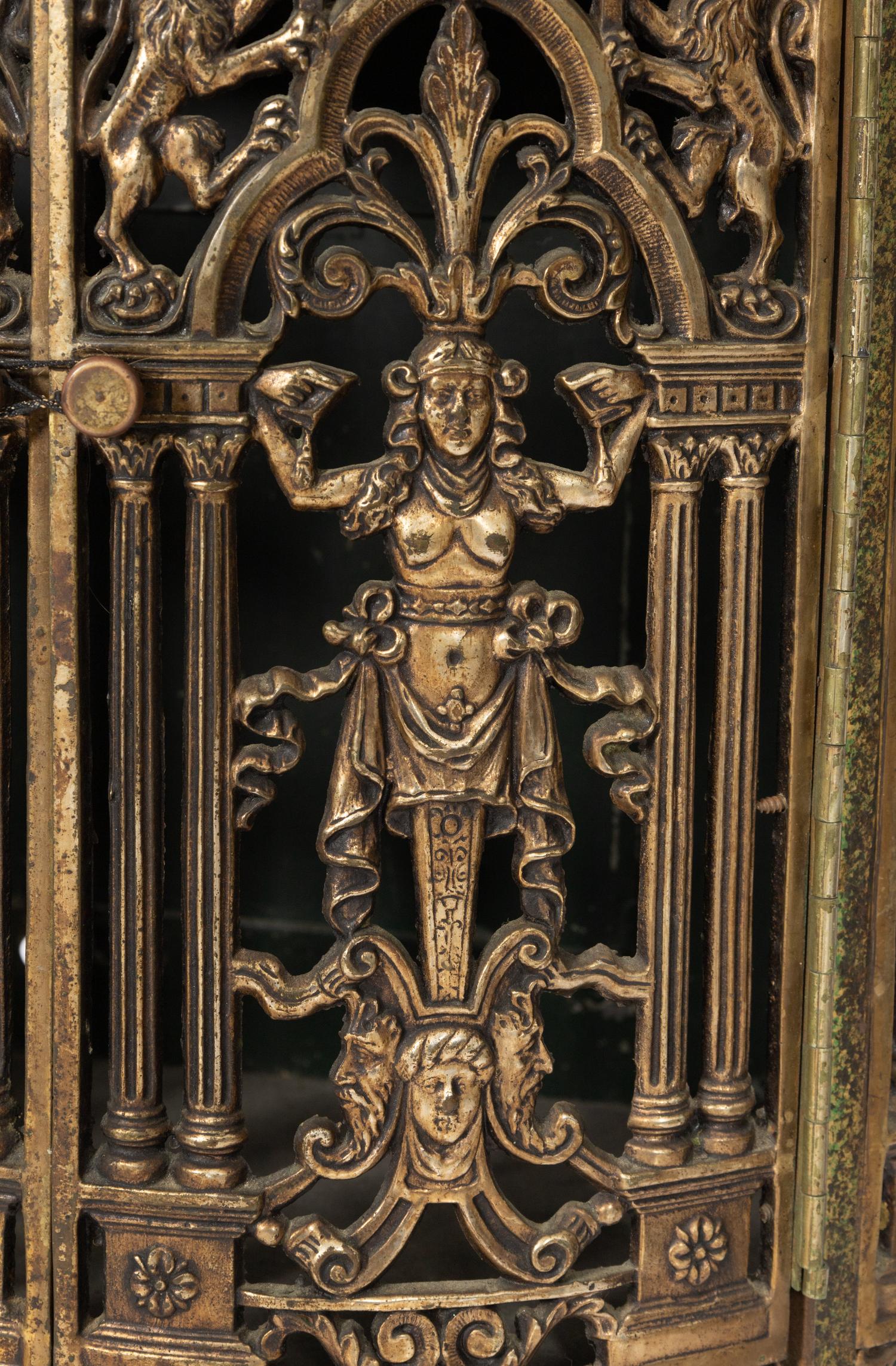 An Art Deco Demilune Gilt Iron and Brass Marble Top Cabinet