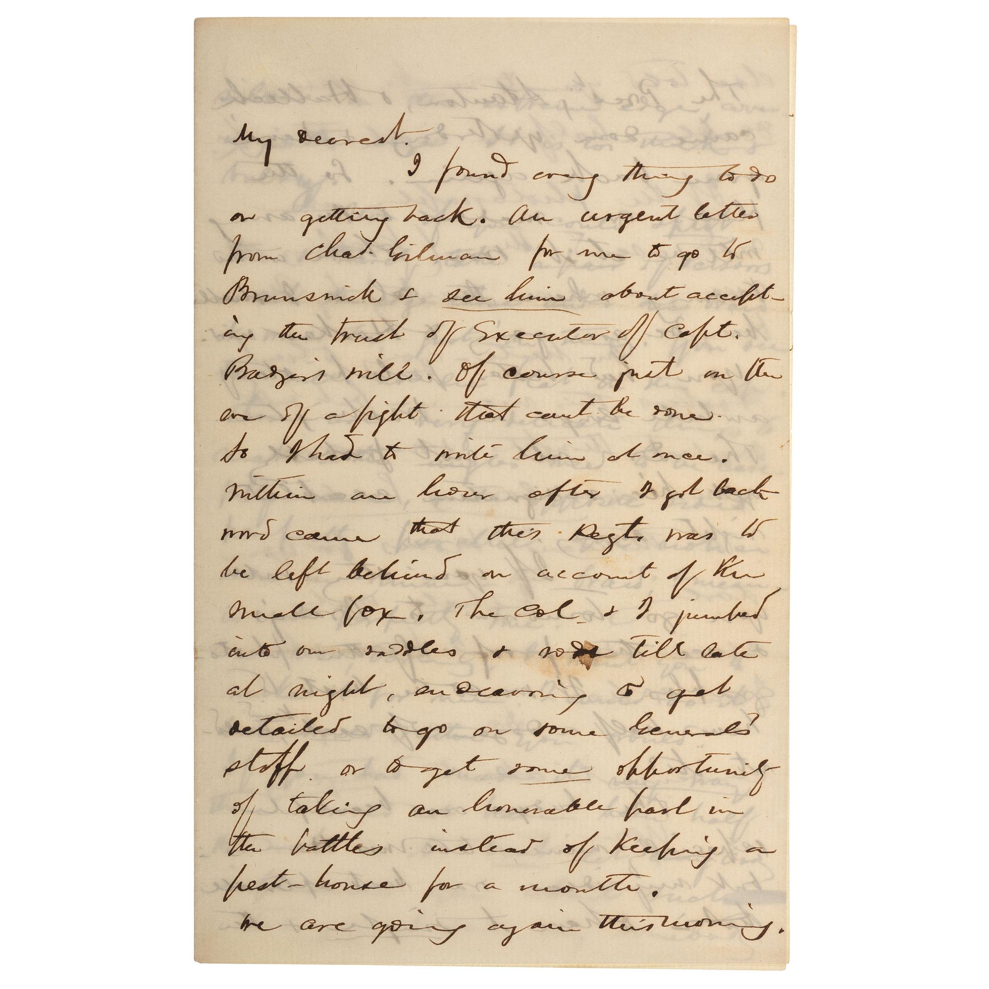 CHAMBERLAIN, Joshua (1828-1914). Autograph letter to his wife Fanny in which he discusses the corps badges made for him by Fanny and the family's housekeeper. N.p., [9 April 1863].