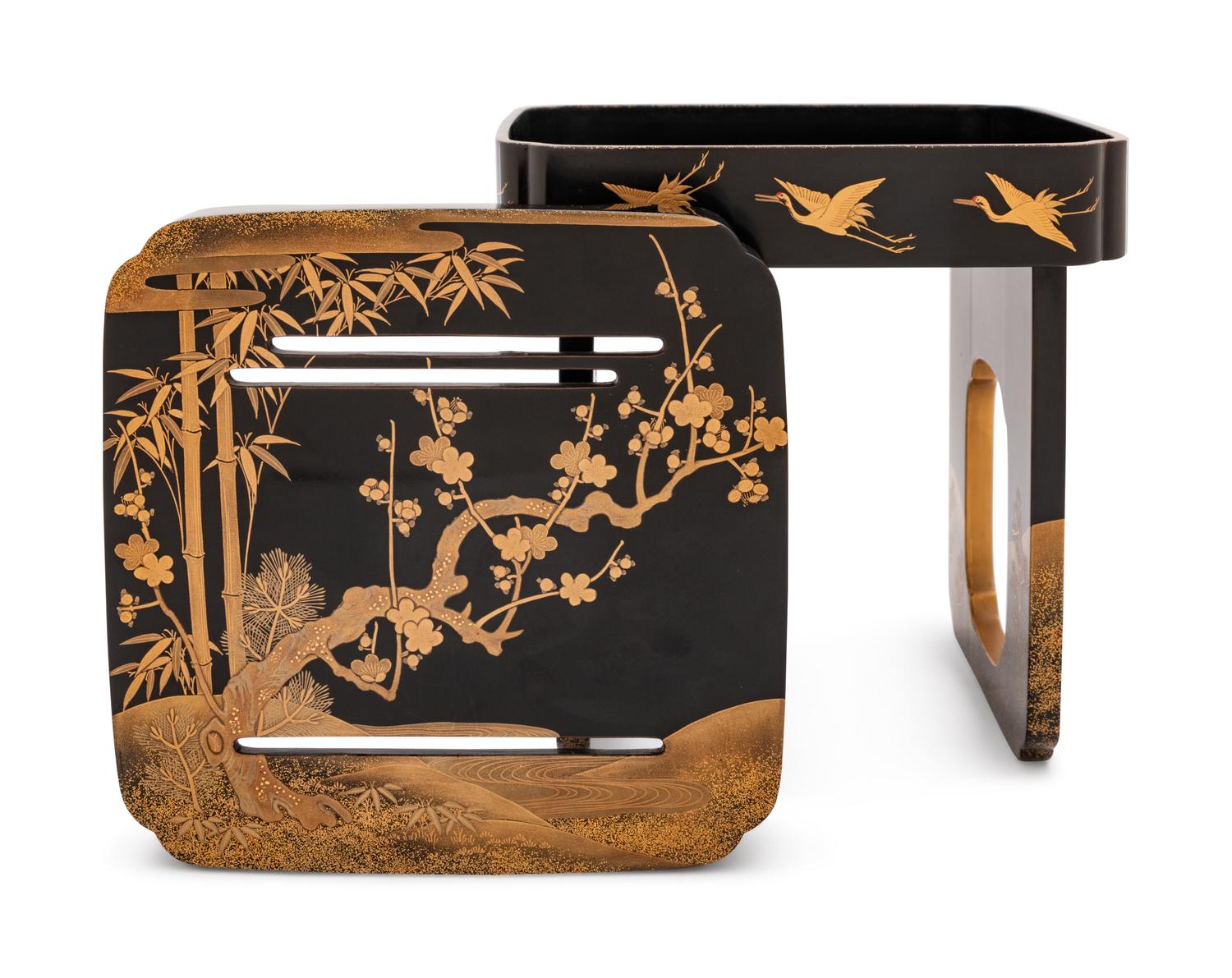 A Japanese Gilt Decorated Black Lacquer Square Stand