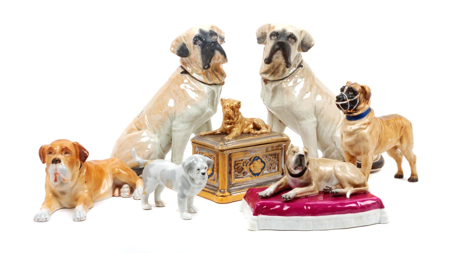 A Group of Seven Porcelain and Ceramic Mastiff Figures Height 9 1/4 inches.