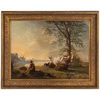 British School, 19th Century — A Shepherd and Four Bulls Beside a River