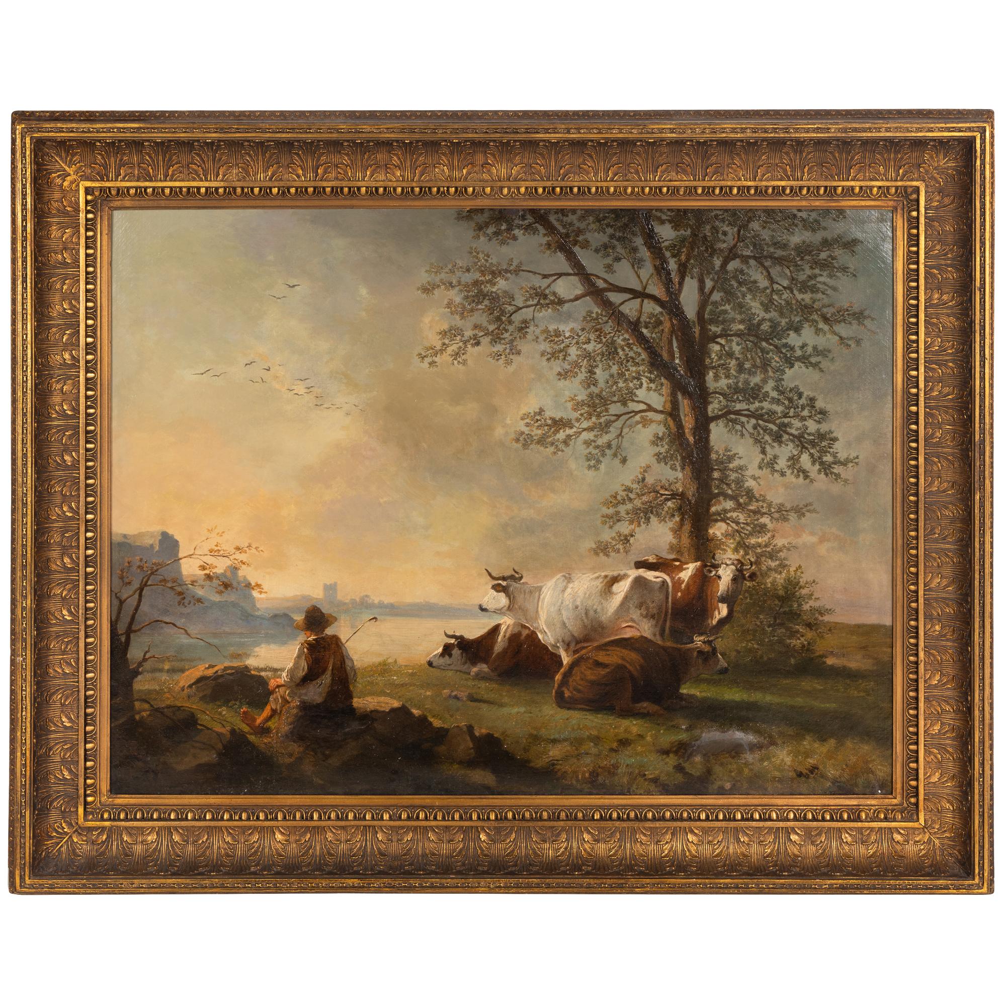British School, 19th Century — A Shepherd and Four Bulls Beside a River