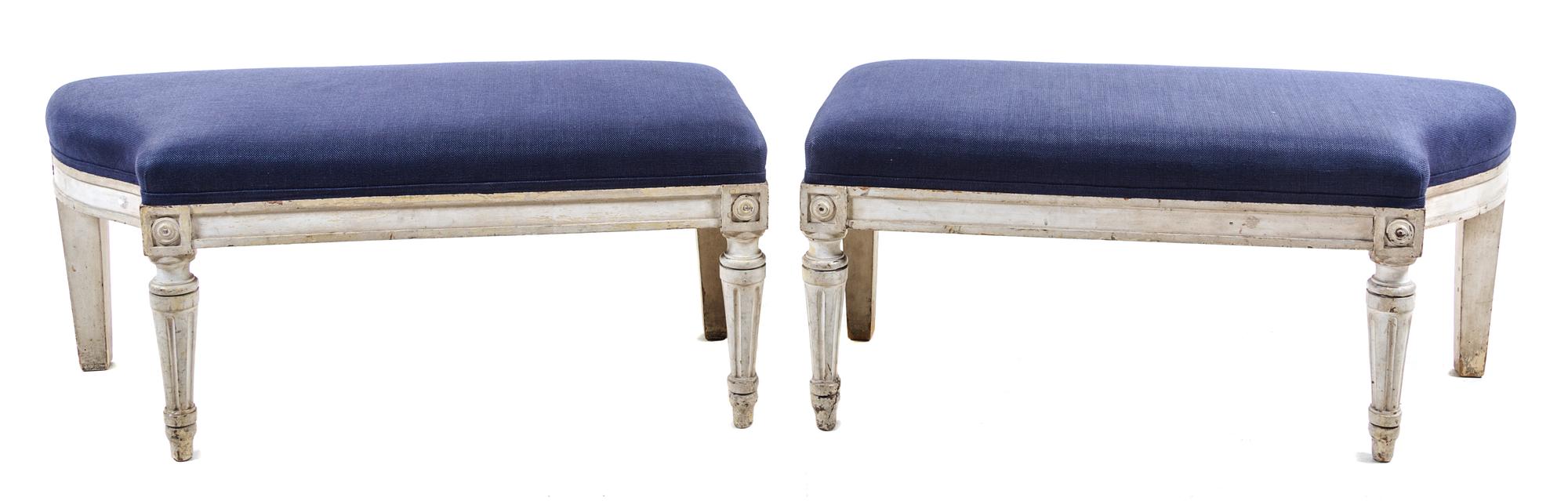 A Pair of Italian Painted Benches Height 16 x width 37 x depth 16 inches. — 19TH CENTURY