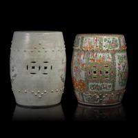 Two Chinese Famille Rose Porcelain Garden Stools, Late 19th-Early 20th Century — 晚清-民國 粉彩、廣彩瓷鼓凳兩件