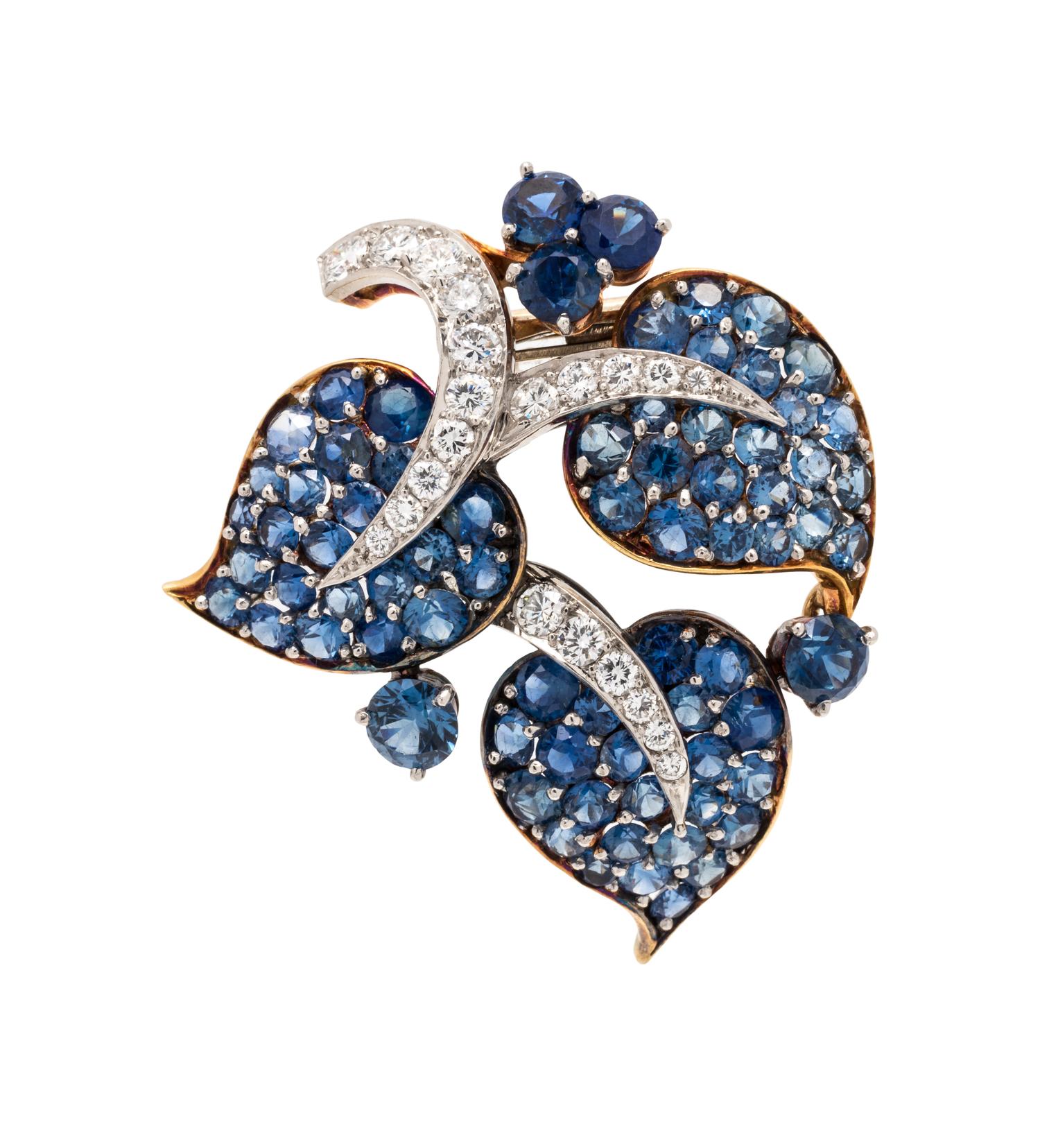 VAN CLEEF & ARPELS, NEW YORK, RETRO, SAPPHIRE AND 'FEUILLES' DIAMOND BROOCH