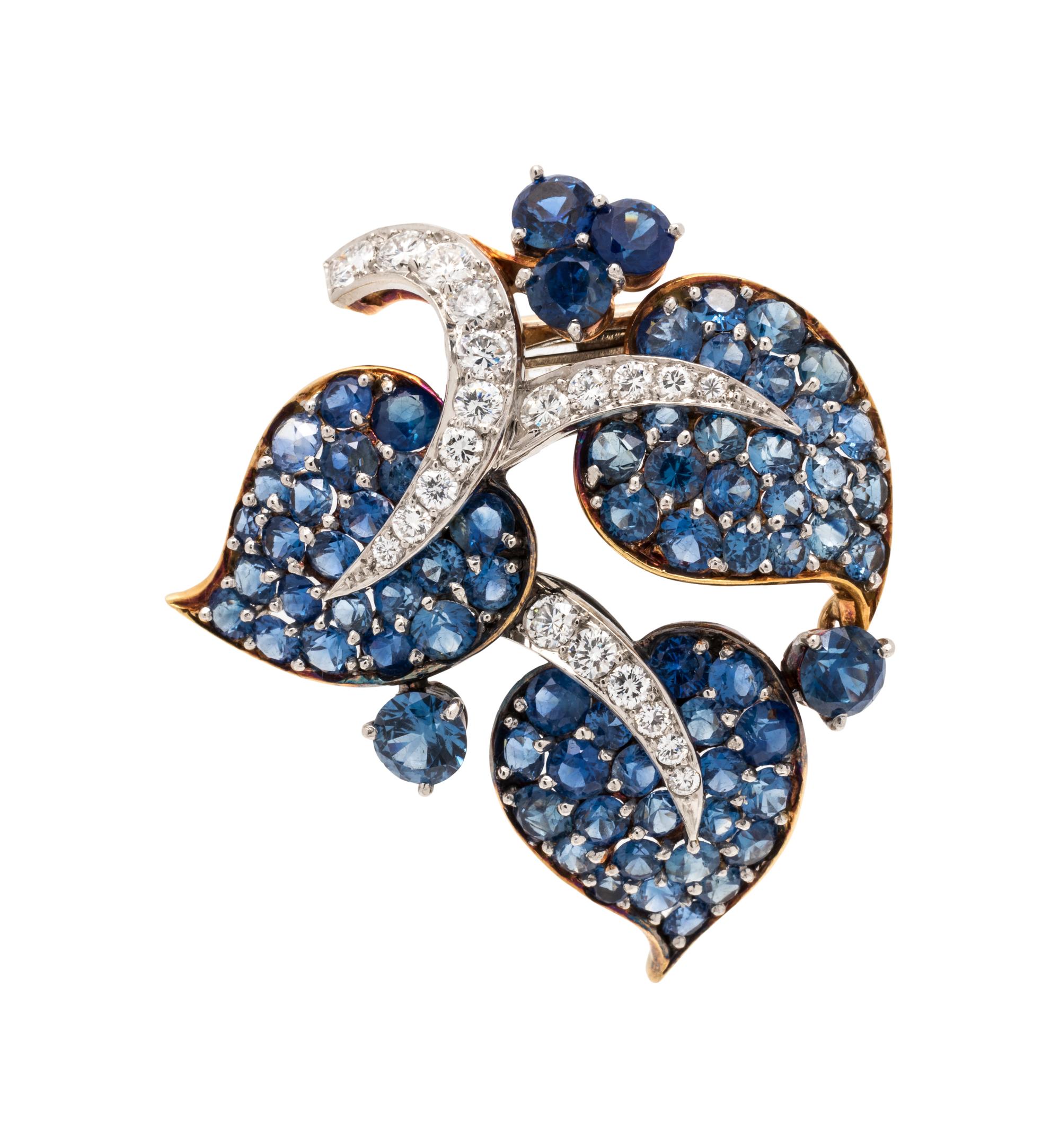 VAN CLEEF & ARPELS, NEW YORK, RETRO, SAPPHIRE AND 'FEUILLES' DIAMOND BROOCH