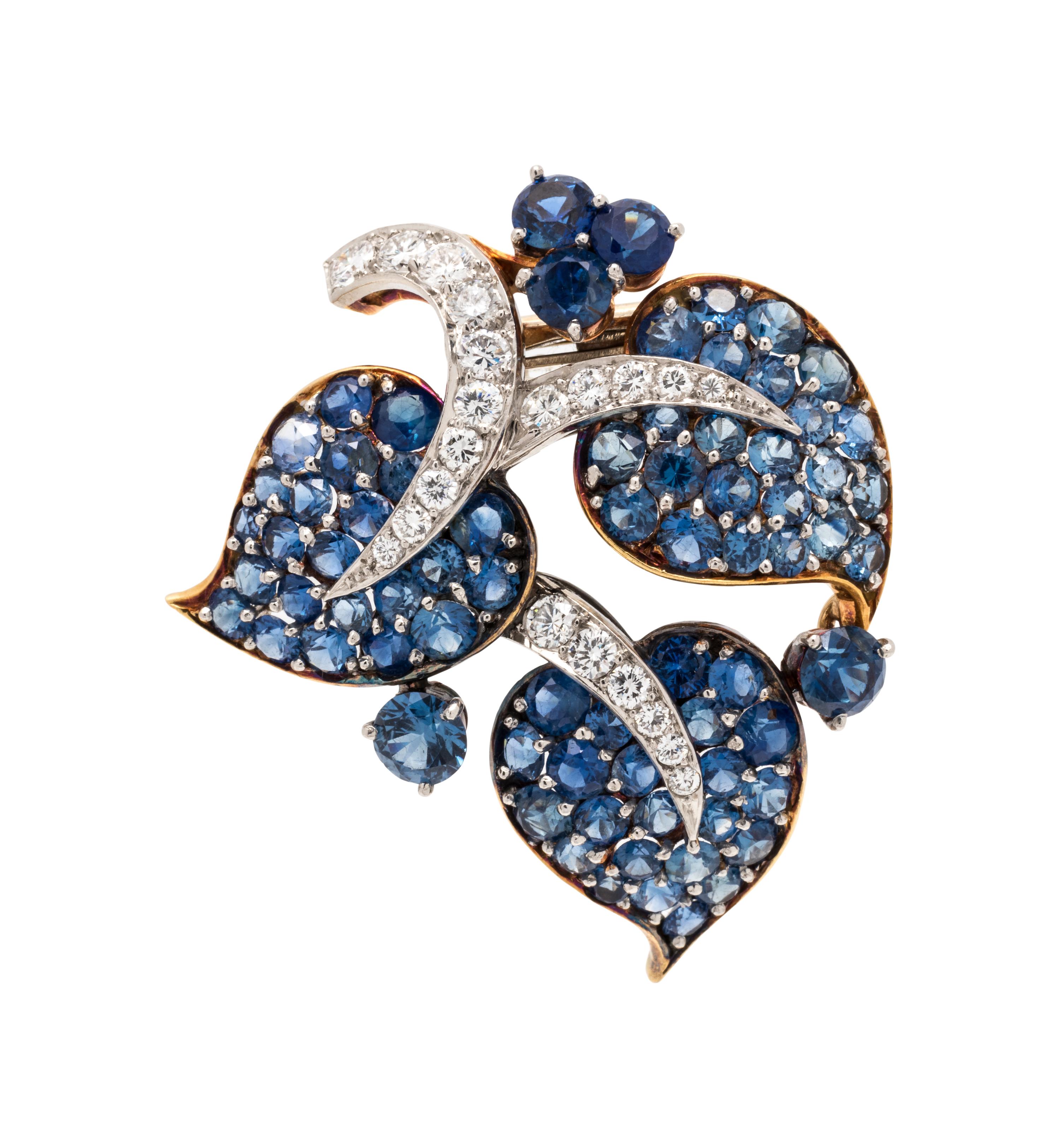 VAN CLEEF & ARPELS, NEW YORK, RETRO, SAPPHIRE AND 'FEUILLES' DIAMOND BROOCH