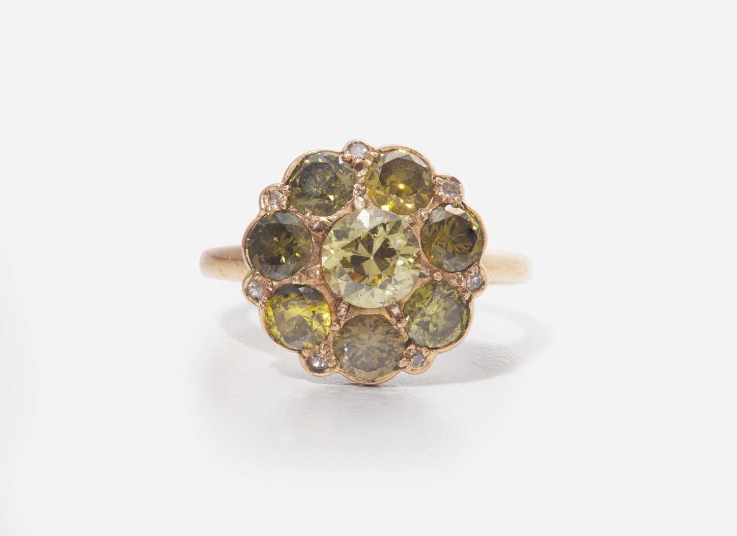 A 14K Yellow Gold and Green Diamond Ring, 1.06 Carat Natural Fancy Deep Brownish Greenish Yellow Diamond, GIA Certified