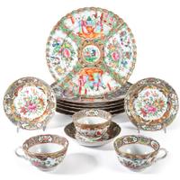 Six Rose Medallion Porcelain Plates and Three Cups and Saucers