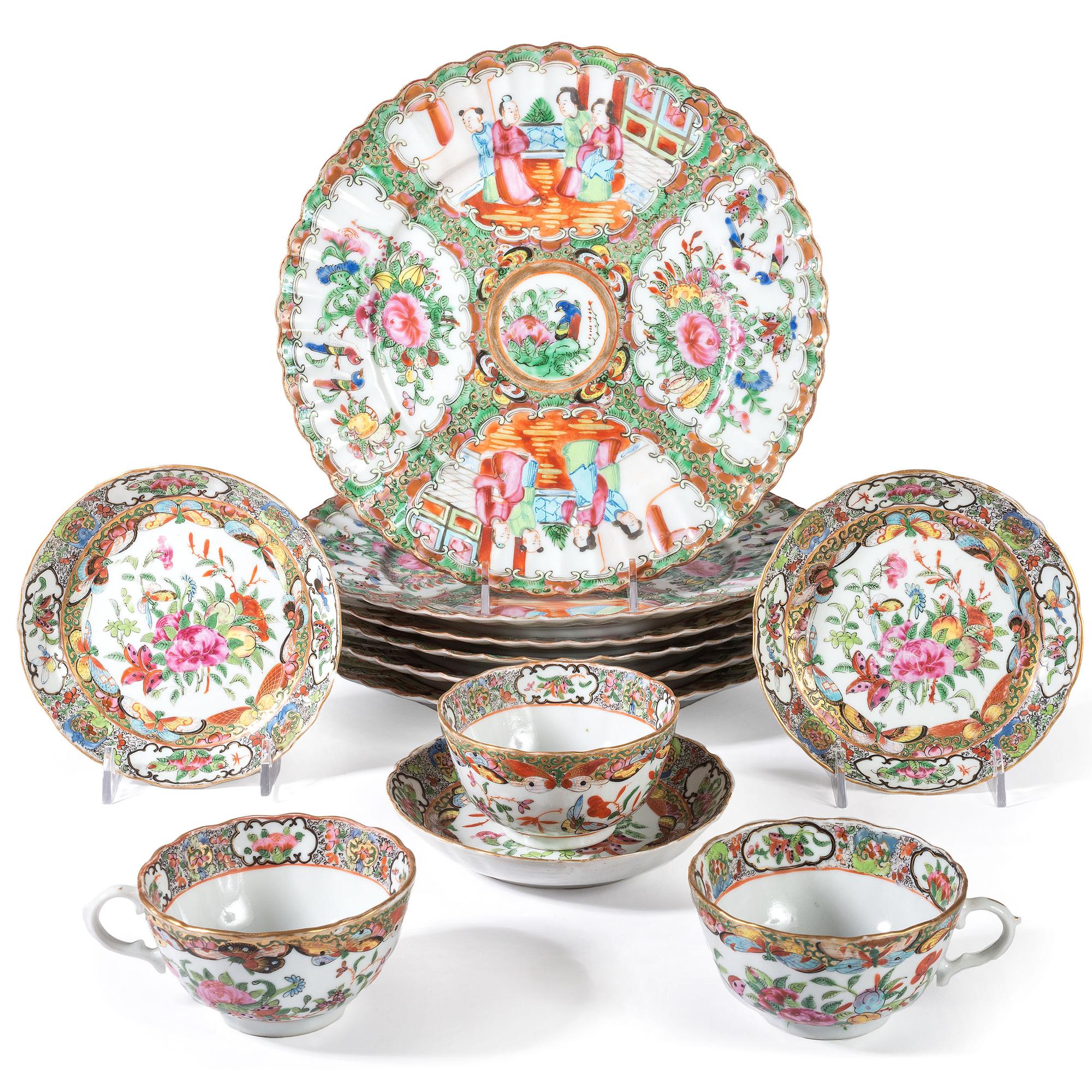 Six Rose Medallion Porcelain Plates and Three Cups and Saucers