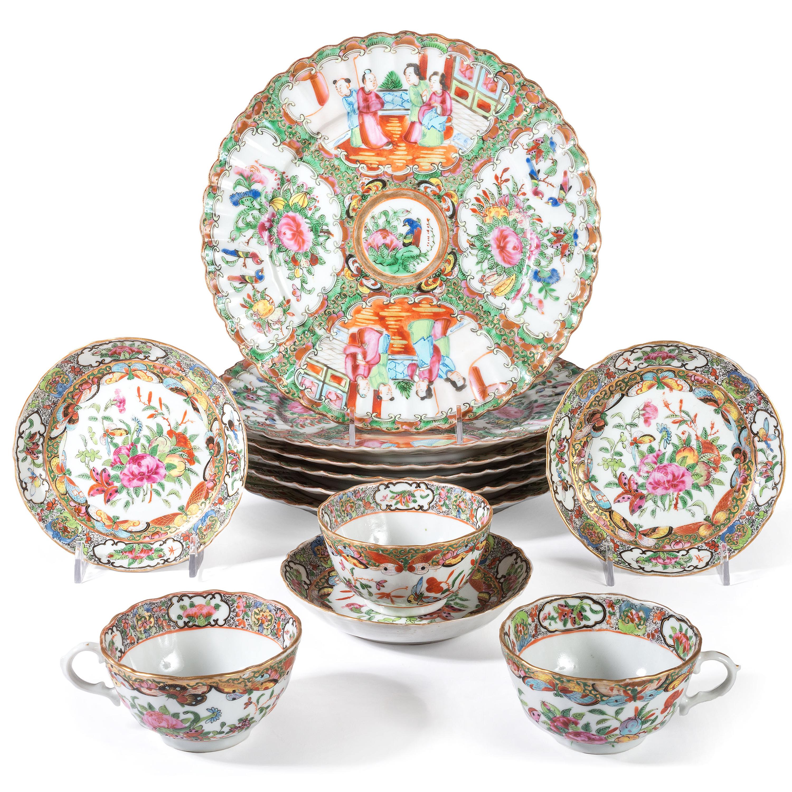 Six Rose Medallion Porcelain Plates and Three Cups and Saucers