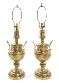 A Pair of Brass Fluid Lamps Height 21 inches.