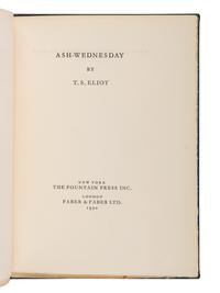 ELIOT, T.S. (1888-1965). Ash Wednesday. New York and London: The Fountain Press and Faber & Faber, 1930.