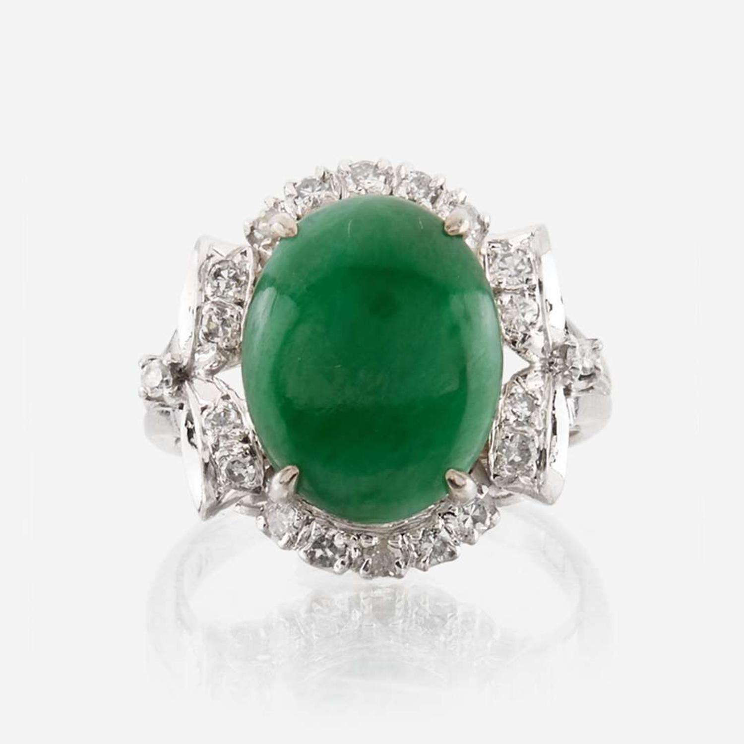 A jadeite jade, diamond, and white gold ring