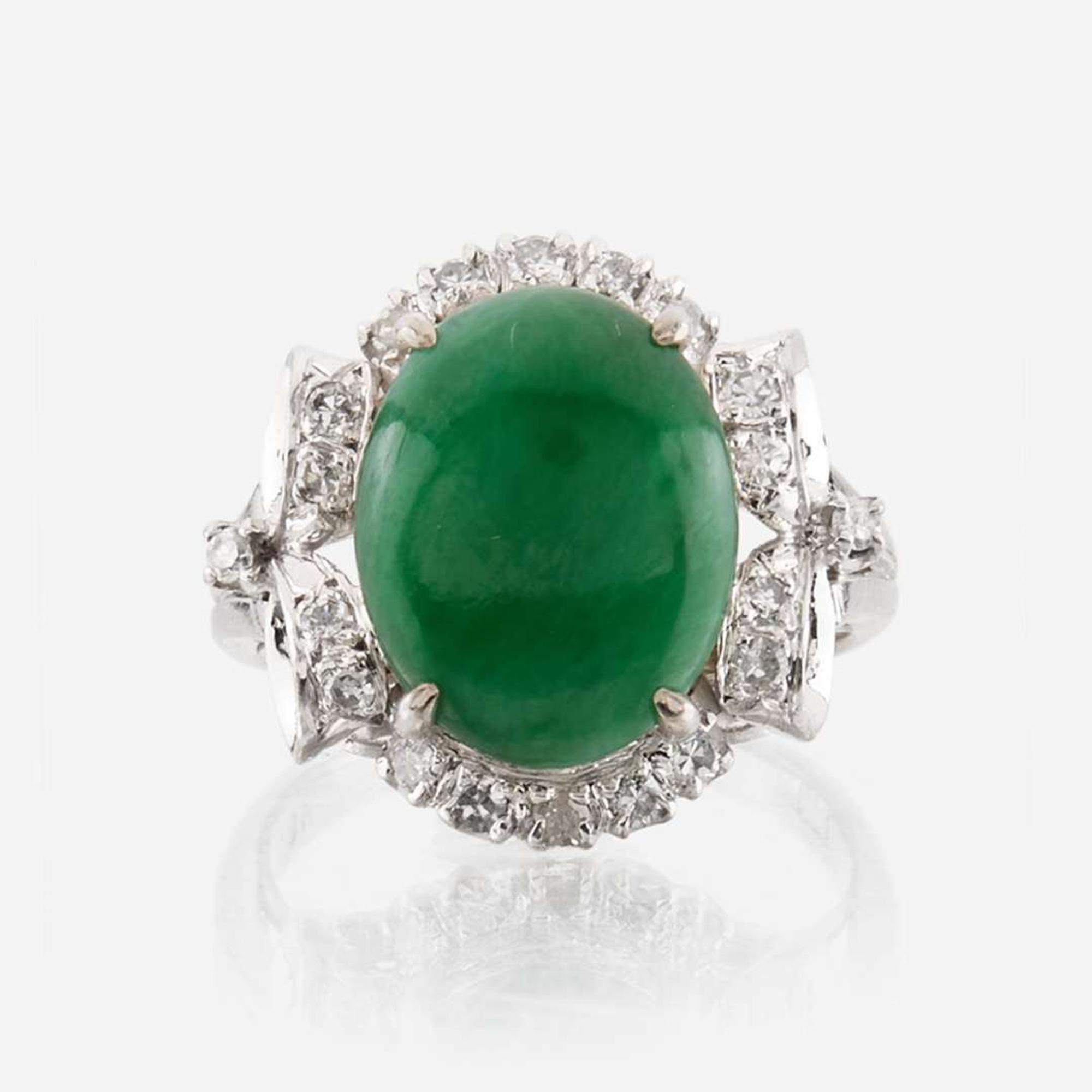 A jadeite jade, diamond, and white gold ring