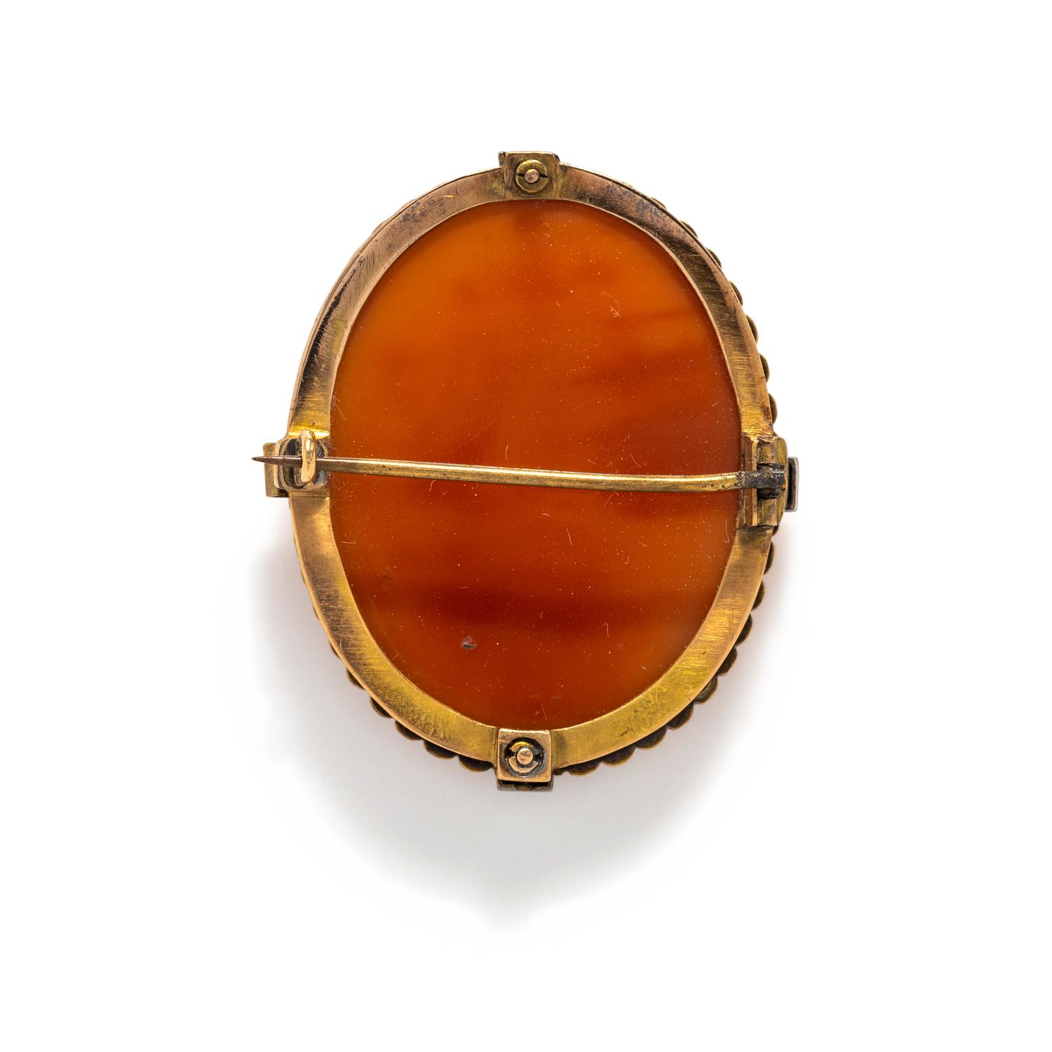 CARNELIAN CAMEO, DIAMOND AND SEED PEARL BROOCH