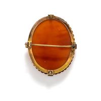 CARNELIAN CAMEO, DIAMOND AND SEED PEARL BROOCH
