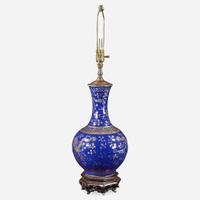 A Chinese gilt-decorated cobalt blue porcelain “Dragon” bottle vase, mounted as a lamp