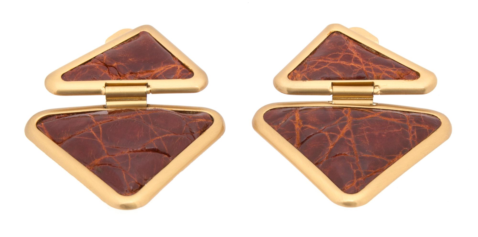 A Loewe Leather and Goldtone Demi Parure, Bracelet: 8" circumference, 2" width; Earclips: 2.5" x 2".