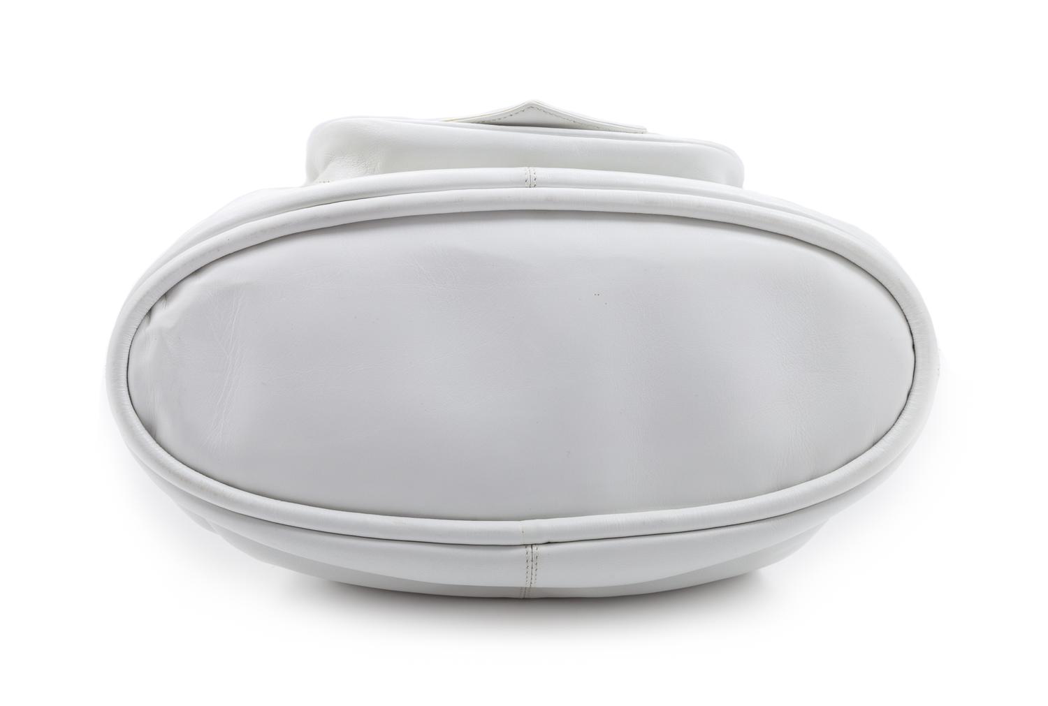 A Versace White Leather Bucket Bag, 13" H x 13" W x 5" D; Handle drop: 6.5".