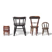 A Group of Four Miniature Painted and Stained Wood Chairs