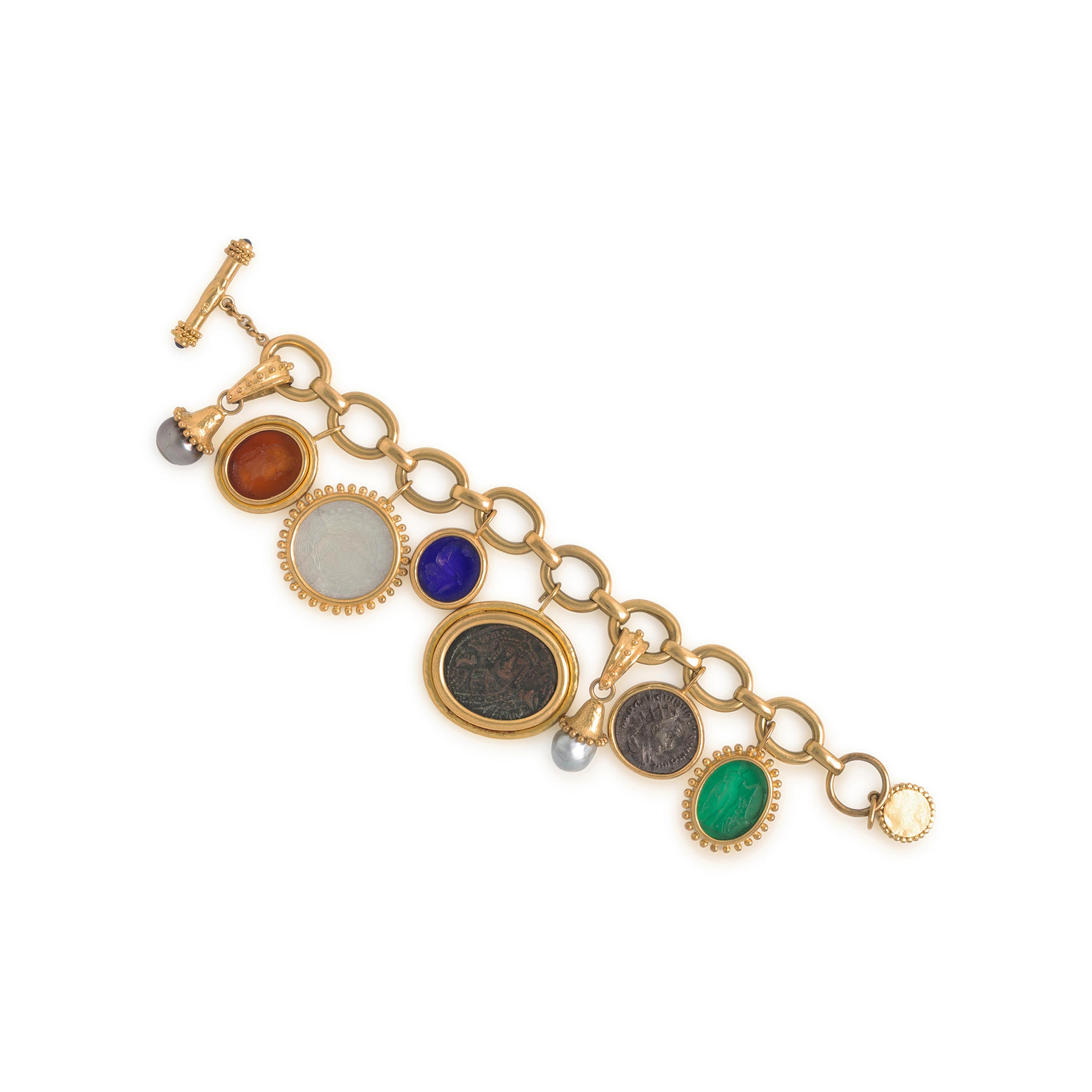 Elizabeth Locke, Yellow Gold and Multigem Charm Bracelet
