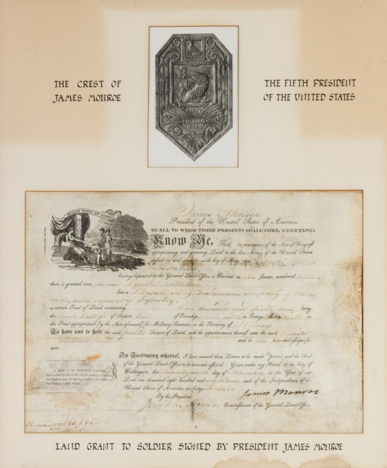 MONROE, JAMES. Partially printed land grant signed ("James Monroe"), as President, Feb. 26, 1818. Countersigned by Josiah Meigs.