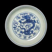 A Chinese Blue and White Porcelain 'Dragon' Plate, Jiaqing Mark and Possibly of the Period 或爲清嘉慶 青花龍戲珠賞盤