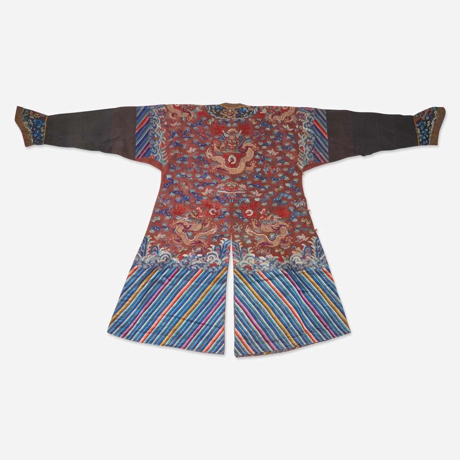 A Chinese counted-stitch silk-embroidered gauze "Nine-Dragon" robe 刺绣九龙长袍一件 Qing dynasty ?